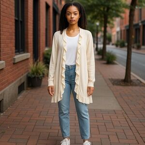 Only Mine Merino Wool Ruffled Cream Long Sweater Cardigan